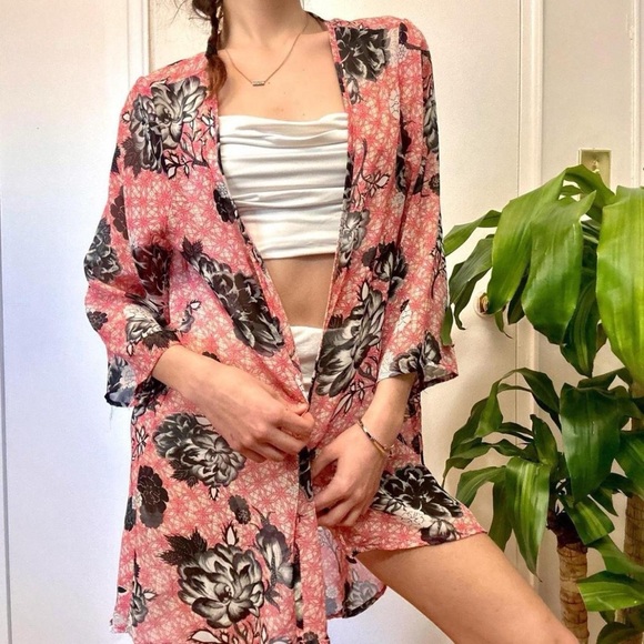 πBohemian Floral Chiffon Kimono Wrap Open Front In Coral Tones Size Small - Picture 6 of 8